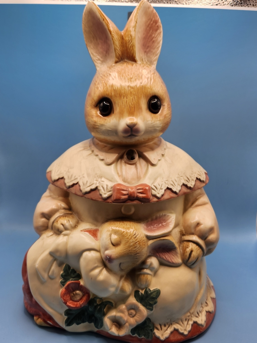 VTG Baker Hart Stuart Mother Rabbit Cookie Jar Glass Eyes Baby Bunny Japan 80s